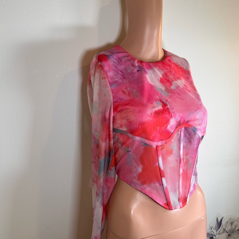 Bardot Pink Watercolor Mesh Corset Crop Top - Picture 6 of 9